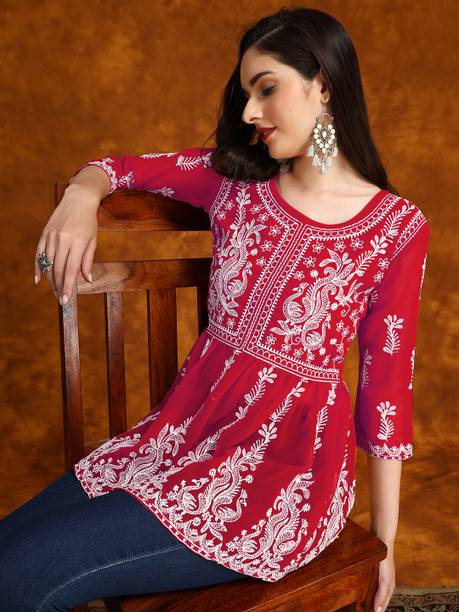 Youthnic Women Chikan Embroidery Georgette Flared Kurta (Red)