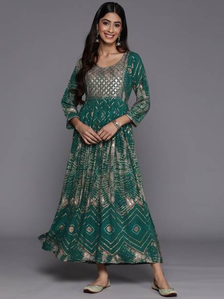 LIBAS Printed Viscose Rayon Flared Kurta for Women Green