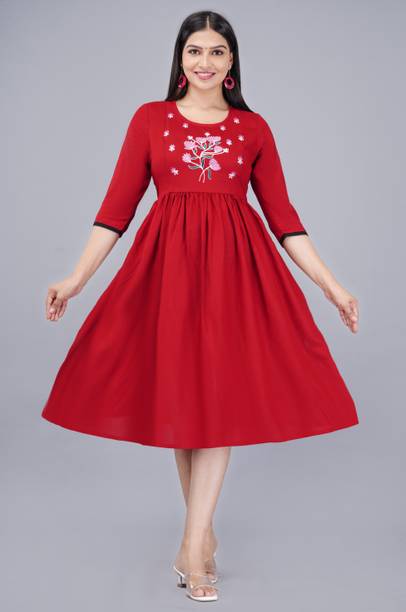 Women Embroidered Cotton Rayon Flared Kurta
