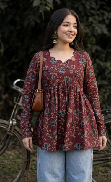 Floral Print Cotton Blend Flared Kurta for Women