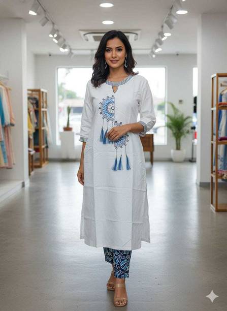 Pack of 2 Embroidered Cotton Blend Straight Kurta for Women