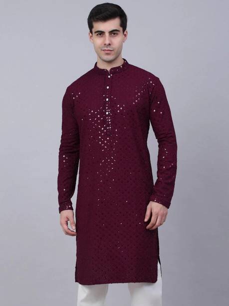 Chikan Embroidery Viscose Rayon Straight Kurta for Men
