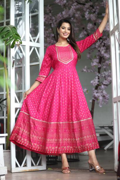 PRISTYLE Women Floral Print Viscose Rayon Anarkali Kurta (Pink)