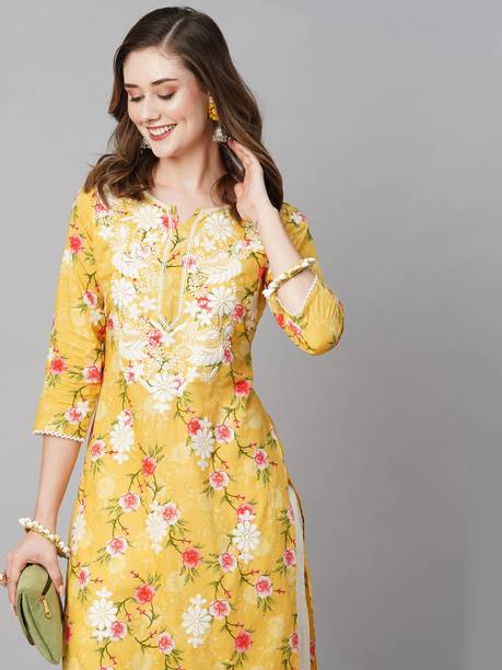 RATAN Women Chikan Embroidery Pure Cotton Straight Kurta (Yellow)