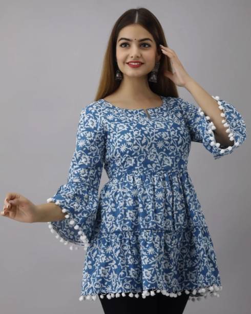 DEEPAK Women Printed Viscose Rayon Cape Top Kurta (Blue)