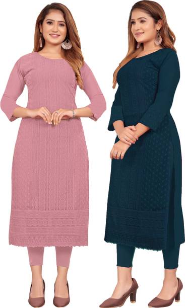 KAYRAAH Pack of 2 Women Chikan Embroidery Georgette Straight Kurt