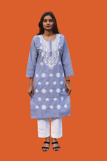 J K FASHION Women Chikan Embroidery Straight Kurta
