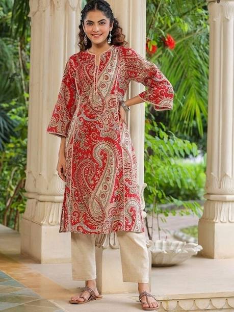 KJFAB Women Floral Print Pure Cotton Straight Kurta (Red)