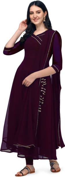 Women Embellished Georgette Anarkali Kurta With Attached Dupatta