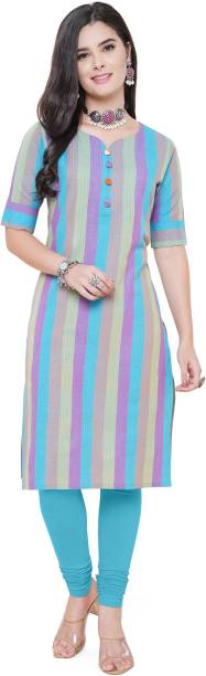 Women Self Design, Striped, Embellished, Woven Design Cotton Blend Straight Kurta Price in India