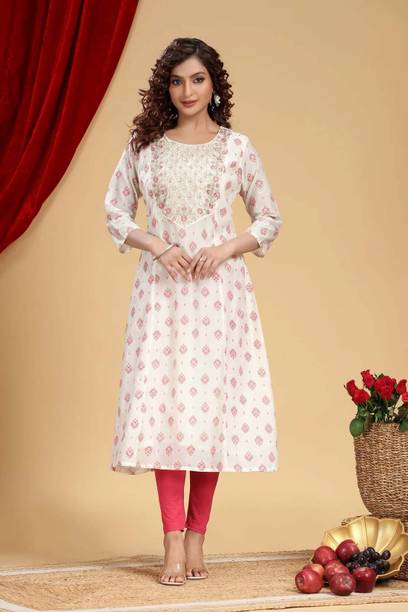 Floral Print Chanderi A-line Kurta for Women