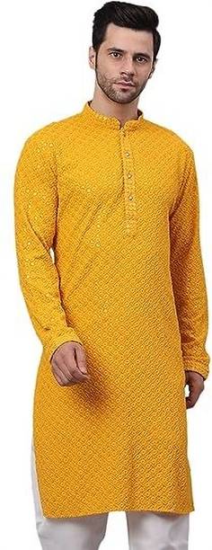 Men Embellished Cotton Blend Straight Kurta