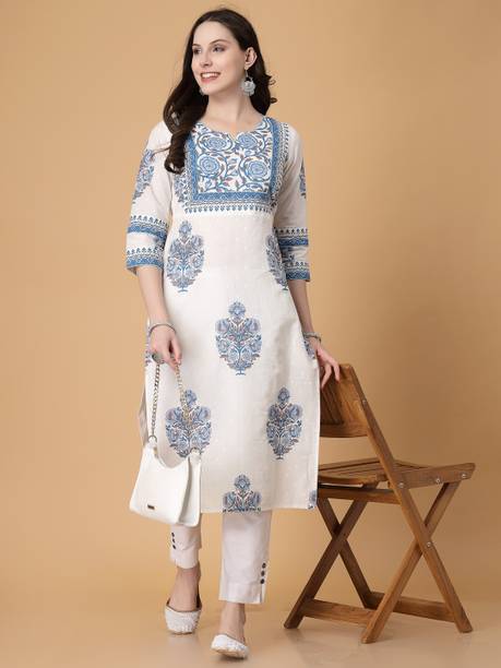 God Bless Women Printed Pure Cotton Straight Kurta (White)
