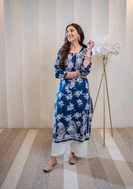 Gosriki Women Chikan Embroidery Viscose Rayon Straight Kurta