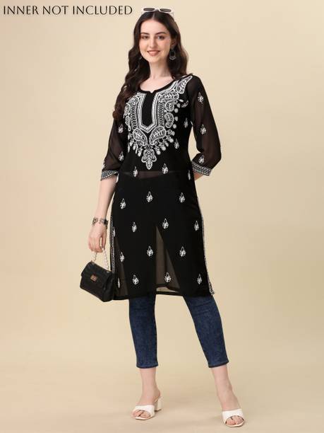 Women Chikan Embroidery Georgette A-line Kurta Price in India