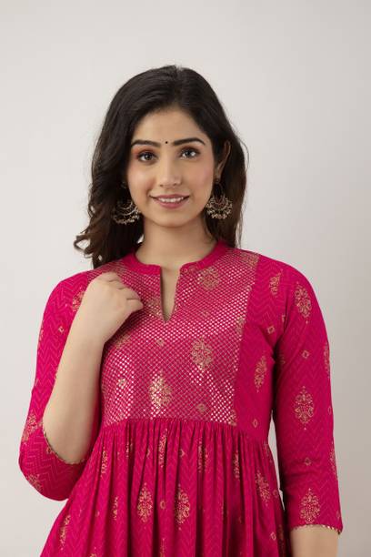 DIPANI Women Printed Viscose Rayon Anarkali Kurta (Pink)