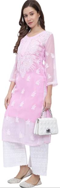 CHIKANKARI BY KK Women Chikan Embroidery Straight Kurta
