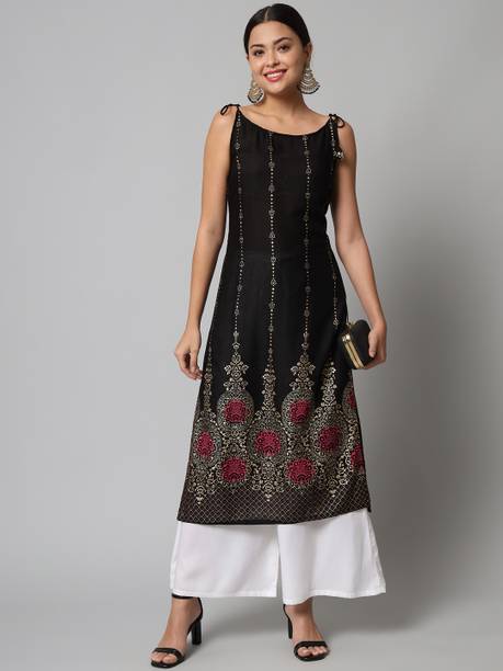HARSUKHI Women Floral Print Viscose Rayon Straight Kurta (Black)