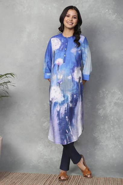 RANGRITI Printed Viscose Rayon Straight Kurta for Women Blue