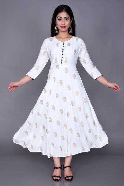 AARTI FASHION Women Printed Viscose Rayon Anarkali Kurta (White, Gold)