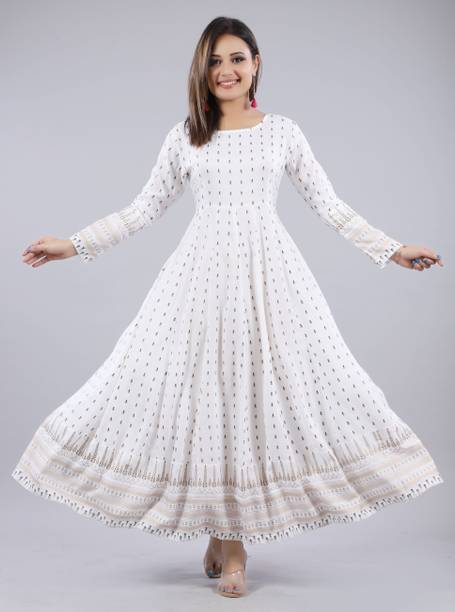 CHARVI CREATION Women Printed Viscose Rayon Anarkali Kurta (White