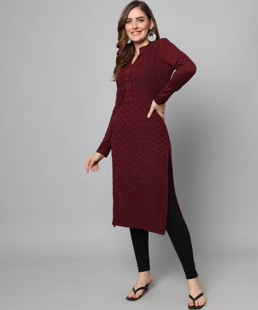 BUDAPEST Women Self Design Wool Straight Kurta (Maroon)
