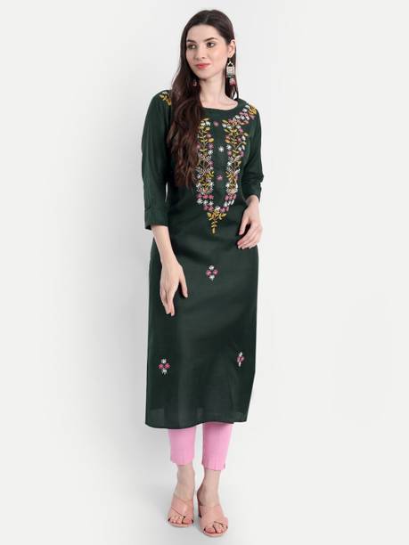 Embroidered Cotton Blend Straight Kurta for Women