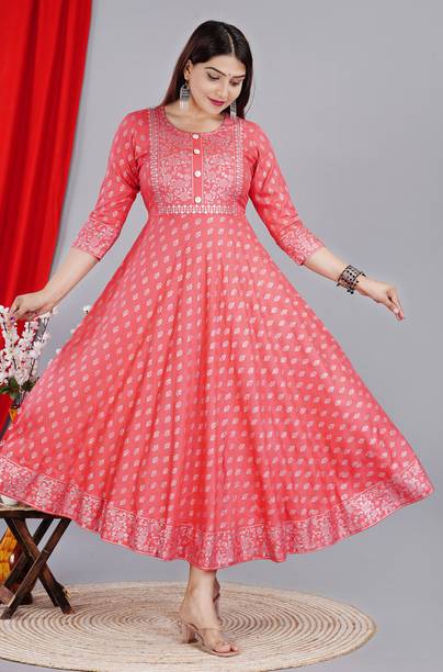 Hand Block Print Women Printed Cotton Rayon Anarkali Kurta (Pink)