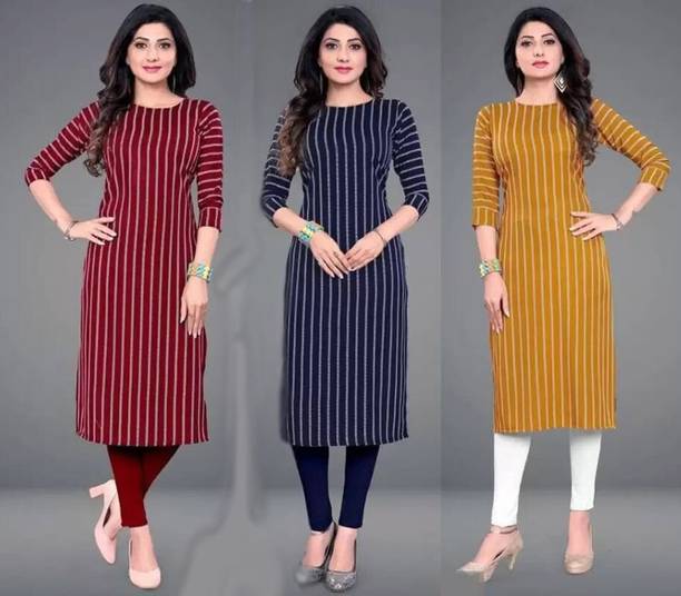 AK Fashion Pack of 3 Women Printed Crepe Straight Kurta (Multicol