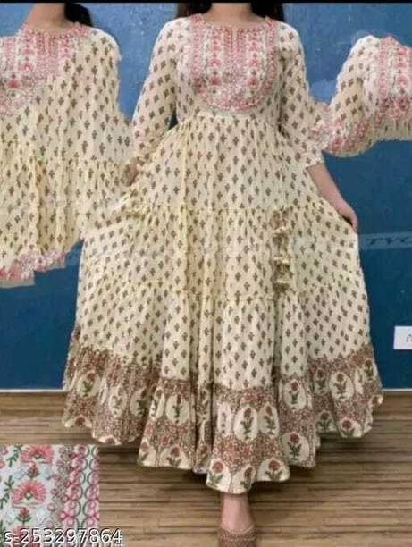 CHARVI CREATION Women Printed, Embroidered Viscose Rayon Flared Kurta (Beige)