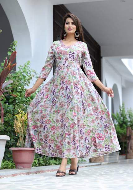 Women Floral Print Viscose Rayon Gown Kurta