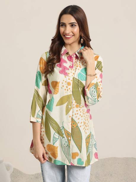 LIBAS Printed Silk Blend Straight Kurta for Women Beige