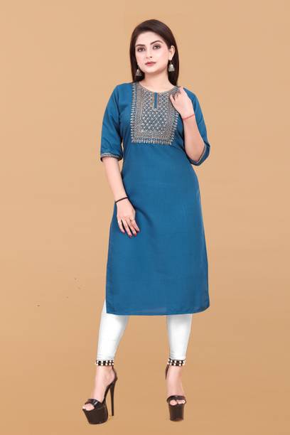 KNG TEXTILE Women Embroidered Viscose Rayon A-line Kurta (Blue)