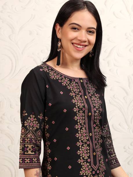 Vishudh Women Printed Pure Cotton Straight Kurta (Black)
