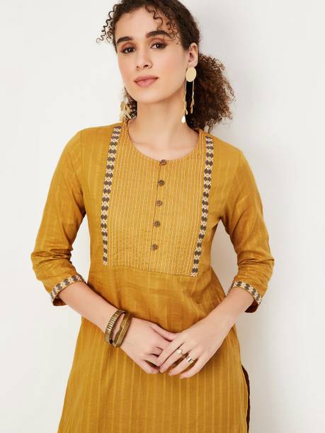 max Women Embroidered Cotton Blend Straight Kurta (Brown)