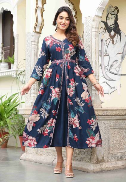 SHRI RADHARANI CREATION Women Floral Print Viscose Rayon Anarkali Kurta (Blue)