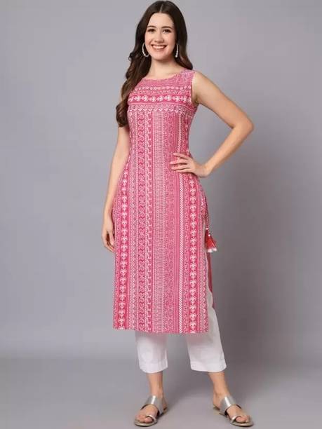 KULDEVYANI Women Printed Cotton Rayon Straight Kurta (Pink)