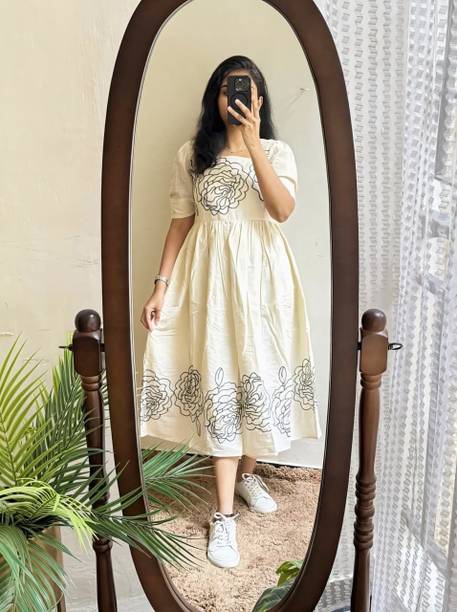 Embroidered Cotton Rayon Flared Kurta for Women