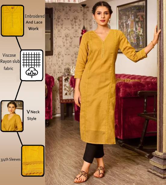 RR SA KURTIS Women Embroidered Cotton Rayon Straight Kurta (Yello