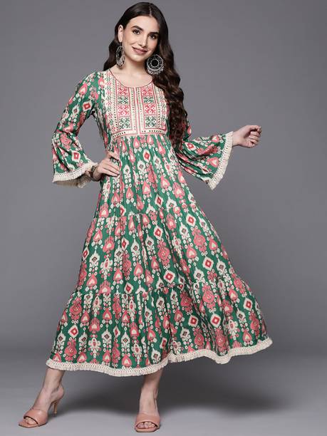 Indo Era Women Abstract Viscose Rayon Flared Kurta (Multicolor)