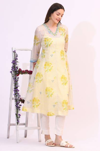 Floral Print Polyester Flared Kurta for Women