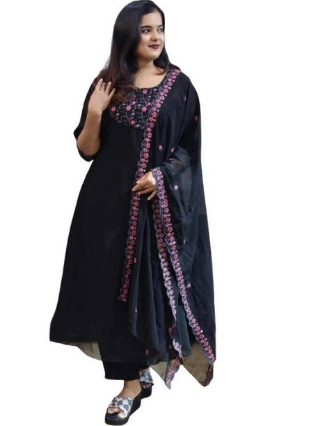 Embroidered, Solid Georgette A-line Kurta for Women With Attached Dupatta