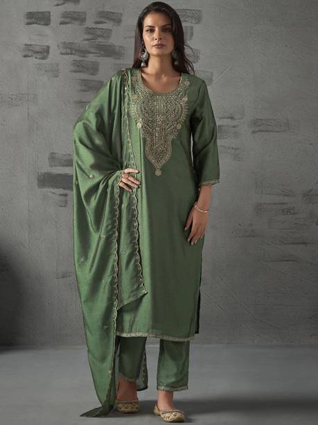 Embroidered, Embellished Viscose Rayon Straight Kurta for Women With Attached Dupatta