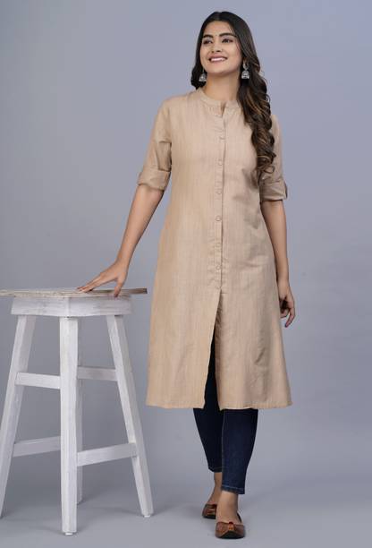 LOOMS21 Women Solid Cotton Blend A-line Kurta (Beige)