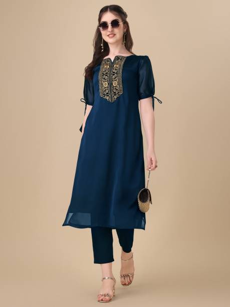 Women Embellished, Embroidered Pure Silk Straight Kurta Price in India