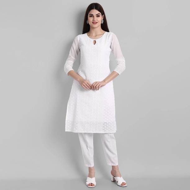 anushansa Women Chikan Embroidery Georgette A-line Kurta