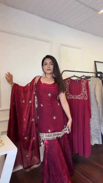 Embellished, Solid Satin Straight Kurta for Women With Attached Dupatta