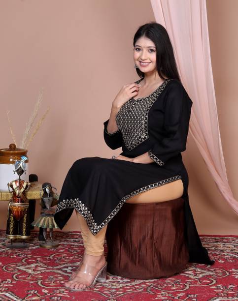 his&her Women Embroidered Viscose Rayon Straight Kurta (Black)