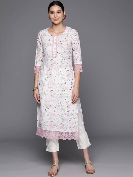 LIBAS Women Floral Print Cotton Blend Straight Kurta (Multicolor)