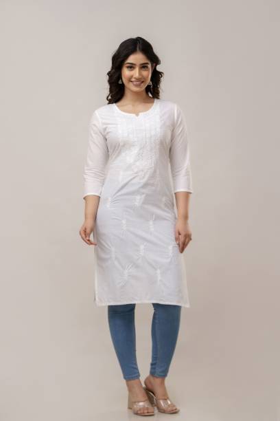 Gundia Fashion Women Embroidered Cotton Blend Straight Kurta (Whi